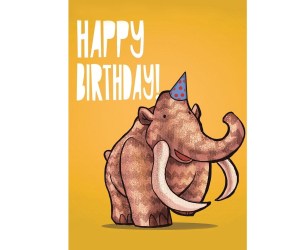 Orange greetings card featuring mammoth cartoon in party hat with happy birthday in white writing